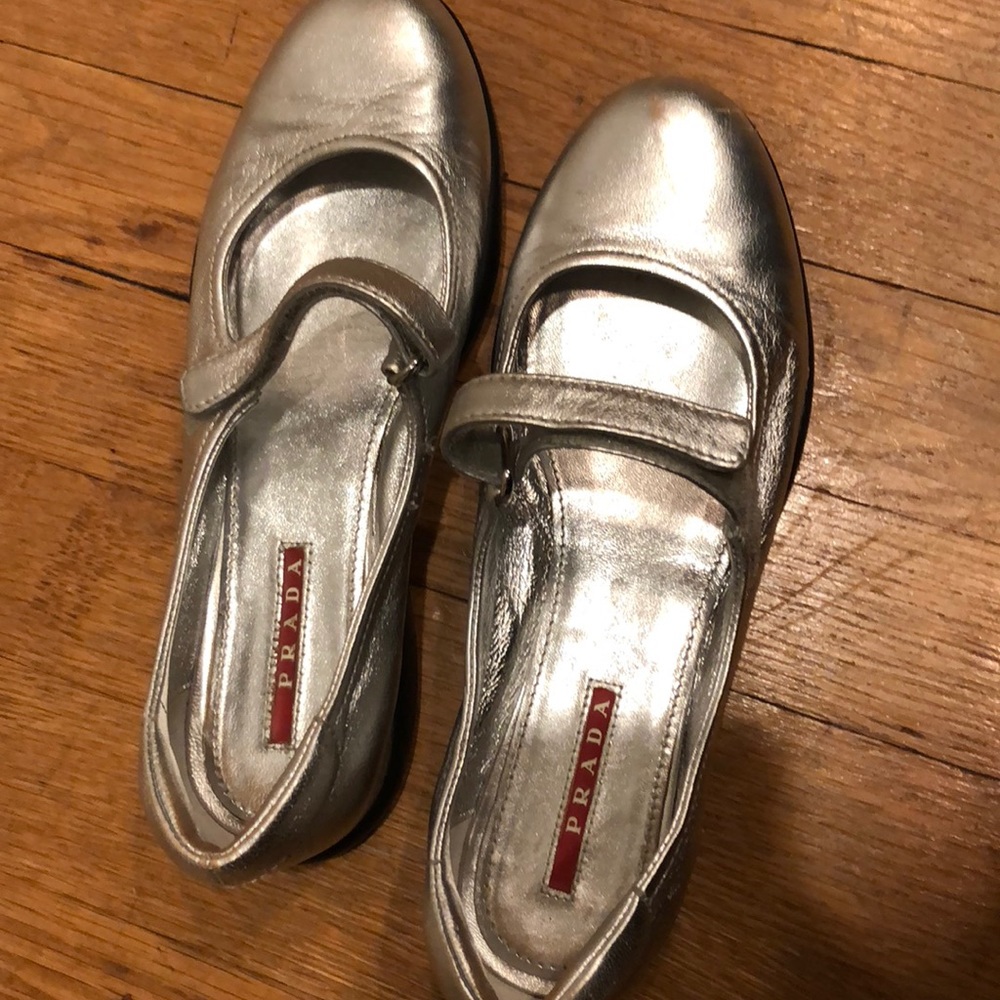 Prada vintage silver Mary Jane style flats